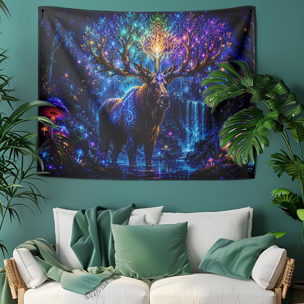 Fantasy Moose Tapestry Mystical Forest Wall Hanging Spirit Animal Magical Woodland Night Decor