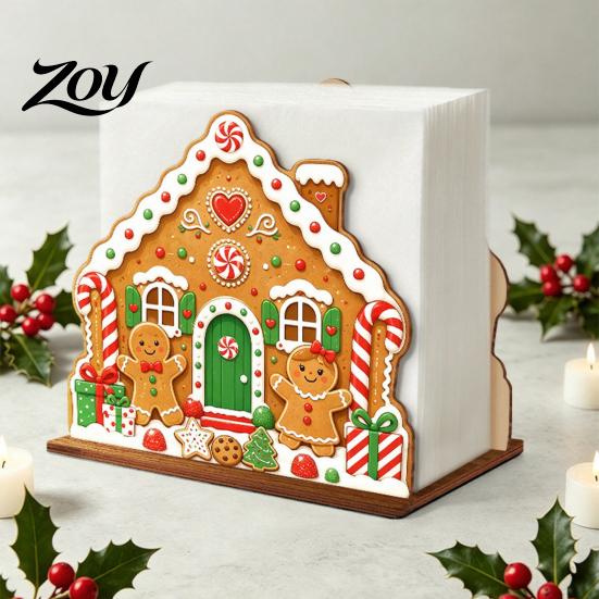 Decorative Wooden Napkin Stand Christmas Tissue Holder, Dispenser with Santa Gingerbread House Elk Rack Pattern, Organizer for Dining Table