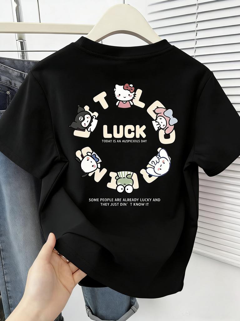 2026 New Luck Print TShirt Cute Hello Kitty Kuromi My Melody Cinnamoroll Family Matching Tees Casual Cotton Short Sleeve Tops