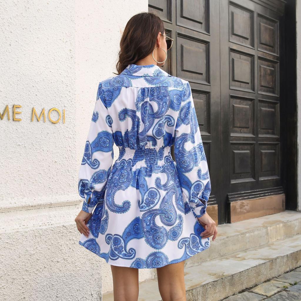 GMXIA Женская мода лето весна цветочный принт с длинным рукавом V-образным вырезом с высокой талией повседневные платья