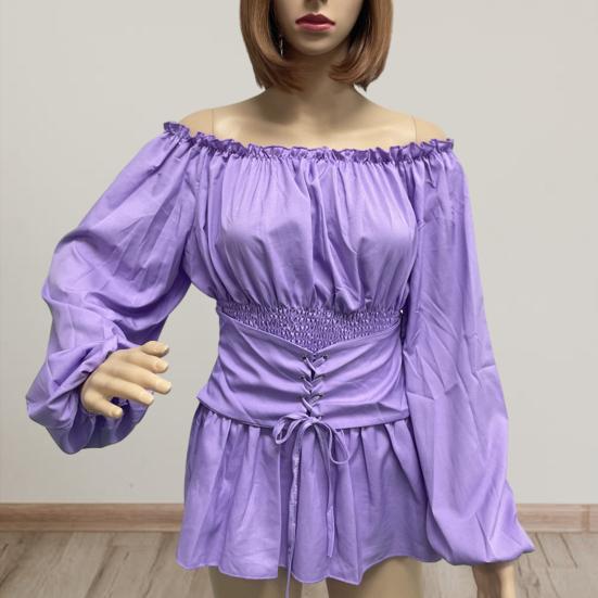 Женская рубашка без плеч с гофрированными рюшами и открытой спиной с узкой талией на шнуровке с длинными рукавами-фонариками однотонный женский весенний топ без воротника