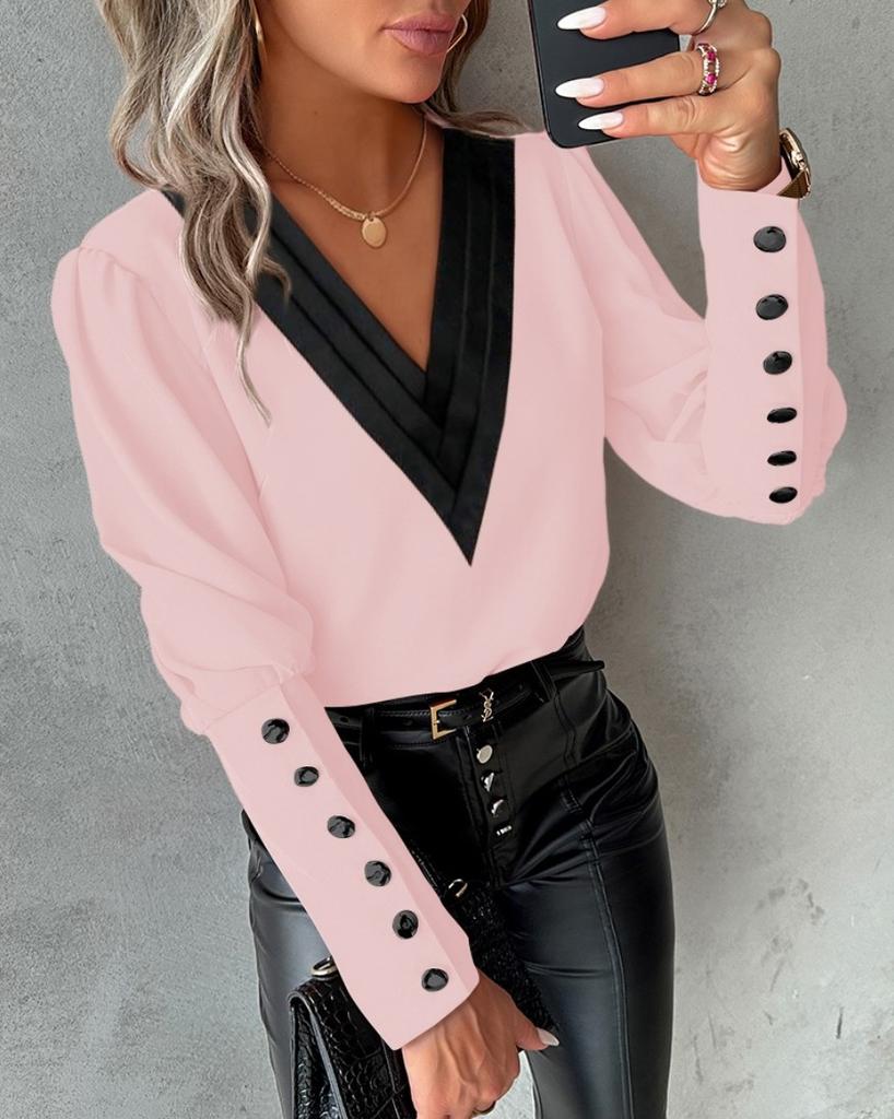 Women's Long Sleeve Blouse V Neck Elegant Solid Color Button Satin Casual Office Shirt Top