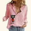 Женская мода хлопок льняная рубашка повседневный тонкий длинный рукав топ дамы кошачий принт застегивающаяся блузка