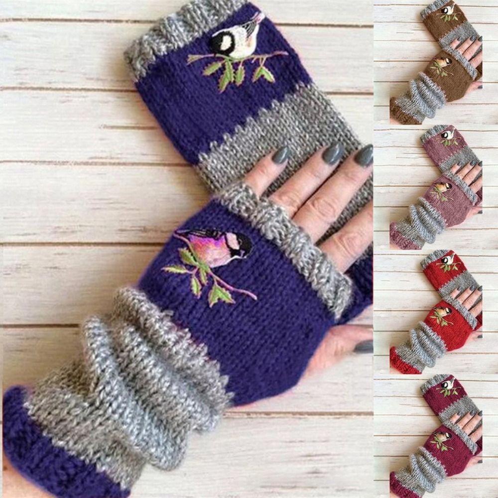 Soft Half Finger Gloves Embroidered Bird Y2k Winter Mittens Knitted Fingerless Gloves Winder