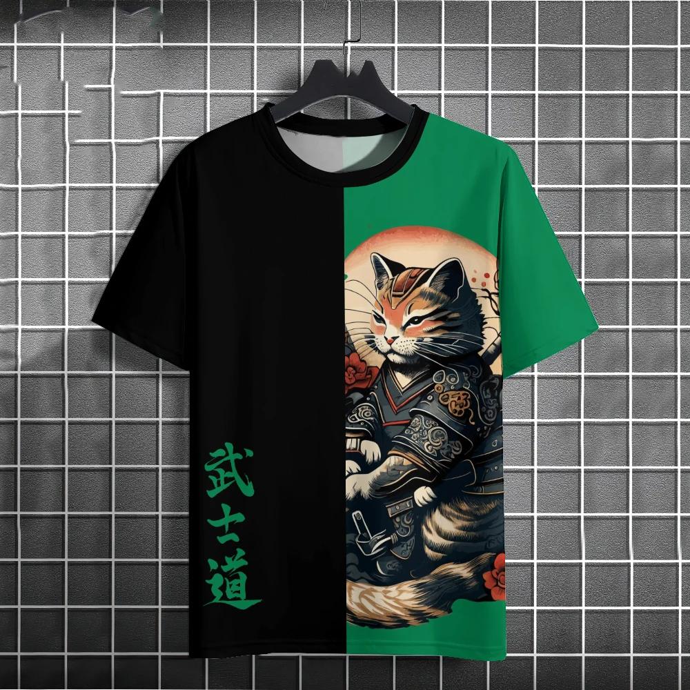 Japanese Anime Samurai Cat T-Shirt For Men 3d Animal Print Short Sleeve Tops Tees Casual T-Shirt Oversized Shirt  Men Clothing