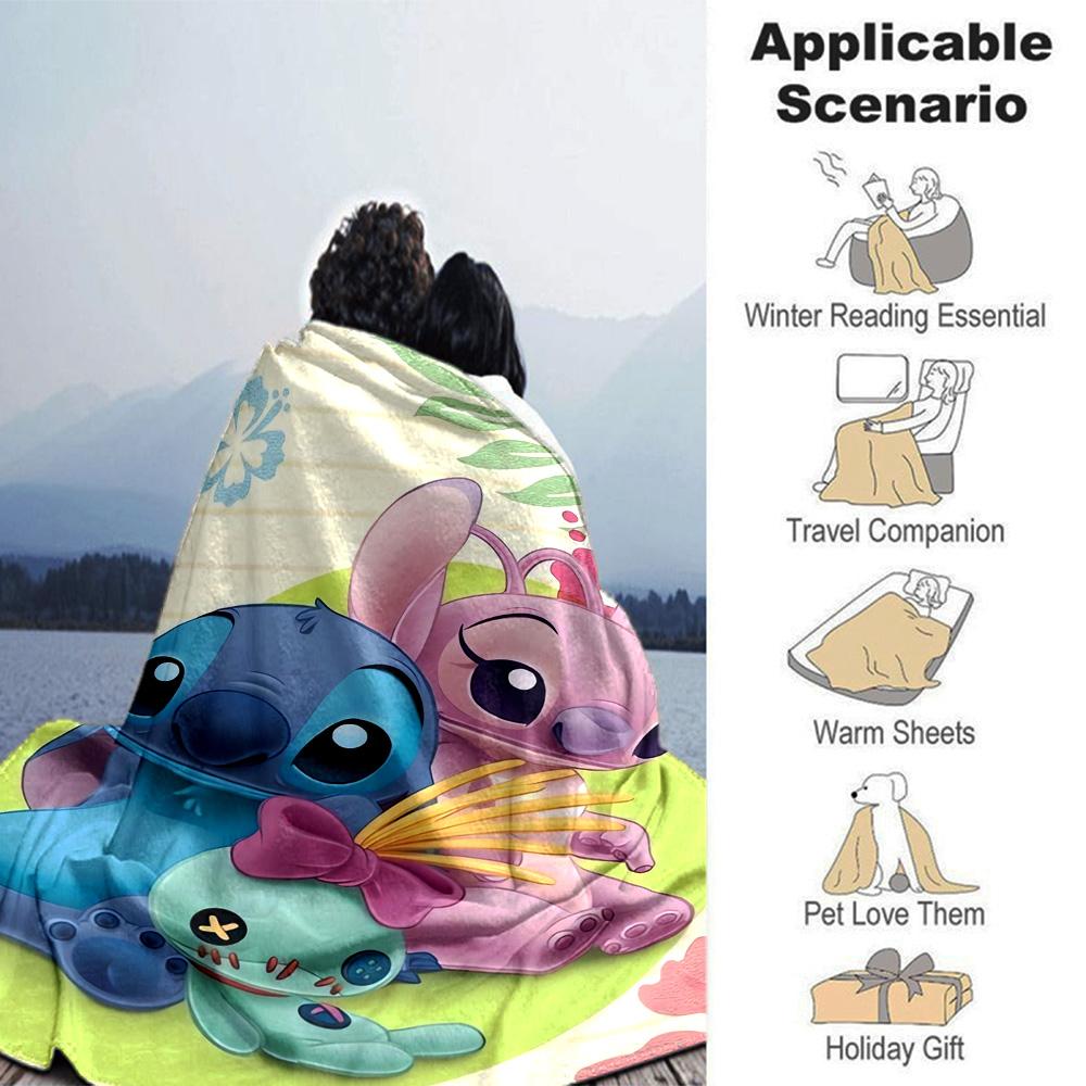 Stitch Angel Scrump Flannel Blanket Super Soft Warm Cozy Blanket for Sofa Bed Office Travel All‑Season Home Decor Gift