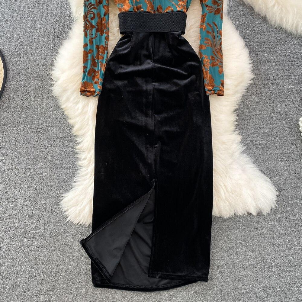 Autumn New Style of Celebrity Temperament V Neck Bronzing Printing High Waist Fold Stitching False Two Bag Hip Dress