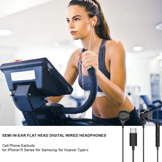 Полувкладыши с плоской головкой, цифровые проводные наушники, наушники-вкладыши для сотового телефона серии iPhone15 для Samsung, Huawei Type-c