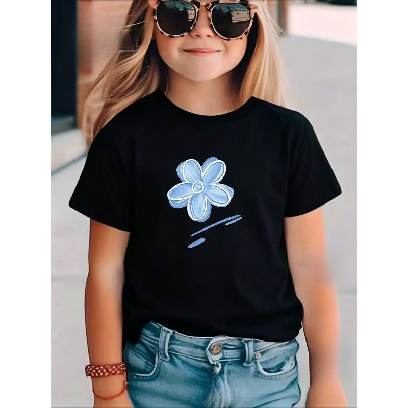 Girls Crew Neck Short Sleeve T-Shirt with Blue Floral Print