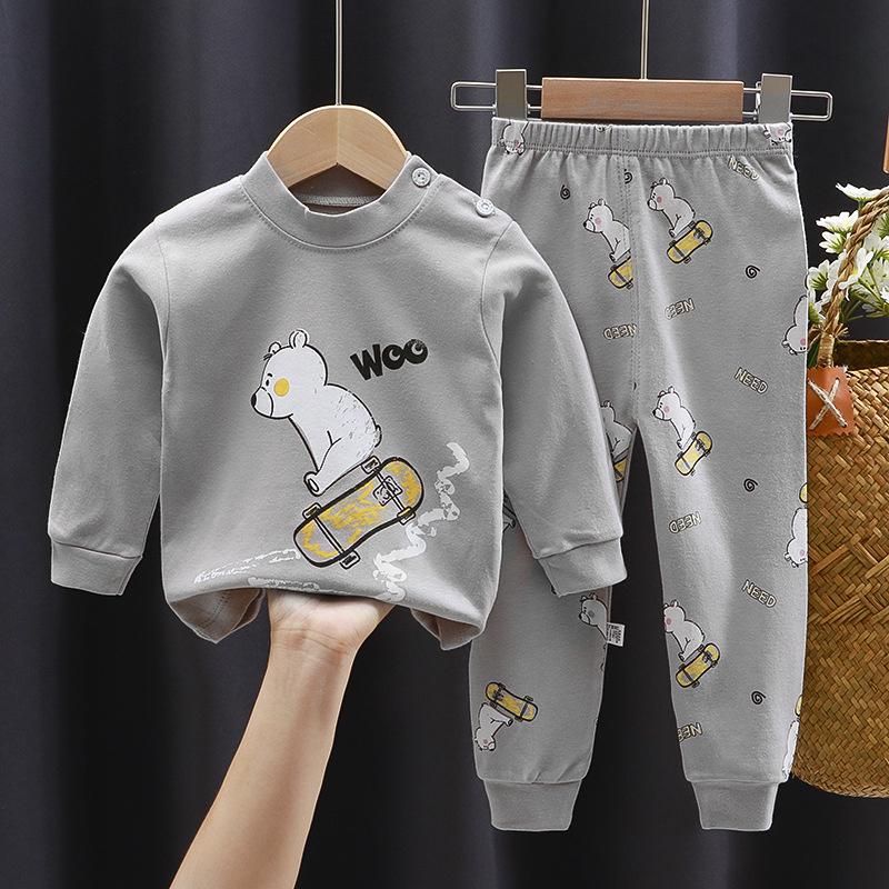 Cartoon Kids 100% Cotton Underwear Set Boys & Girls Thermal Pajamas Soft Long Sleeve Top & Pants Cozy Homewear & Sleepwear