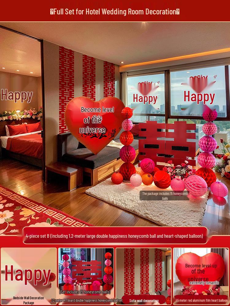 Bridal Wedding Room Decoration Set with No-Trace Double Happiness for Hotels and Living Rooms