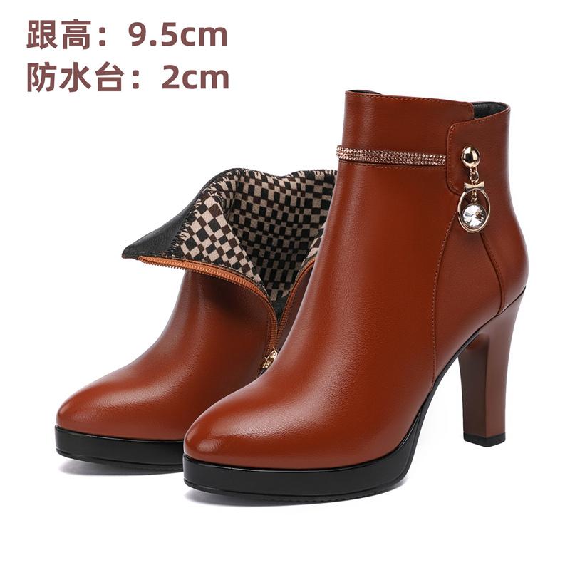 Comfortable Fashion Soft Leather Winter Shoes Platform Boots  Elegant Black Block High Heel Plush Non-slip Ankle Boots