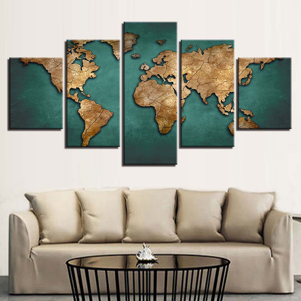 World Map On Green Background Poster 5pcs Modern Home Wall Decor Canvas Picture Art HD Print Painting On Canvas for Living Room
