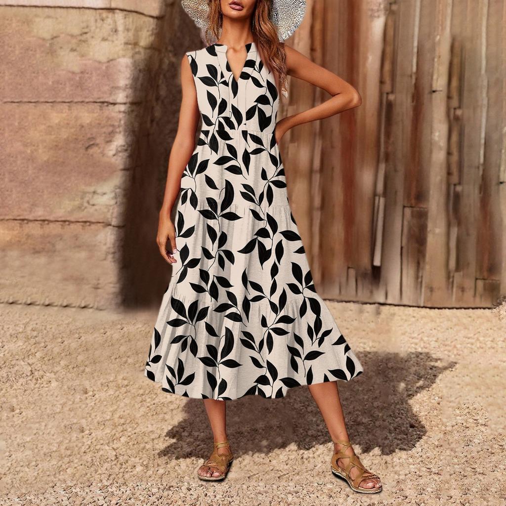 Women's Casual And Fashionable V-neck Sleeveless Printing Mid Length Dress