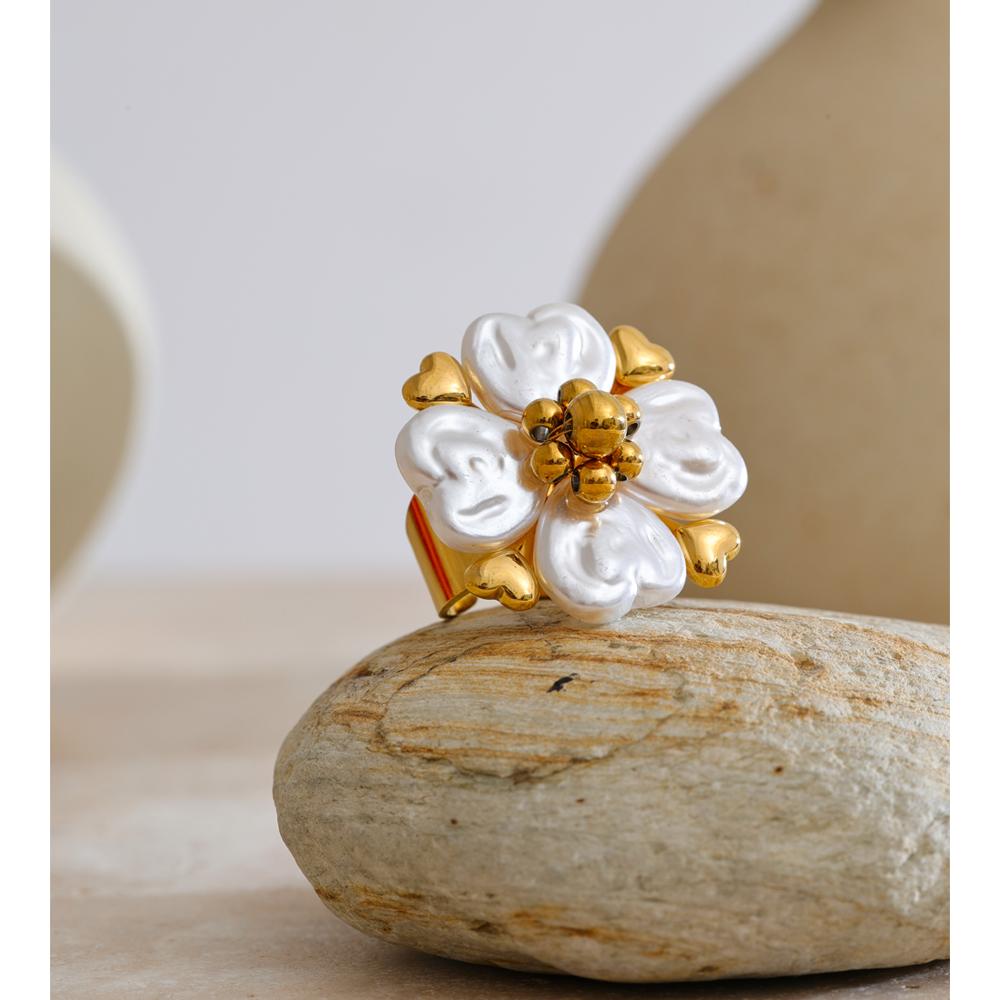 Eetit #7 Stainless Steel Imitation Pearls Flower Golden Handmade PVD Ring Trending Metal Fashion Elegance Popular Jewelry Gift