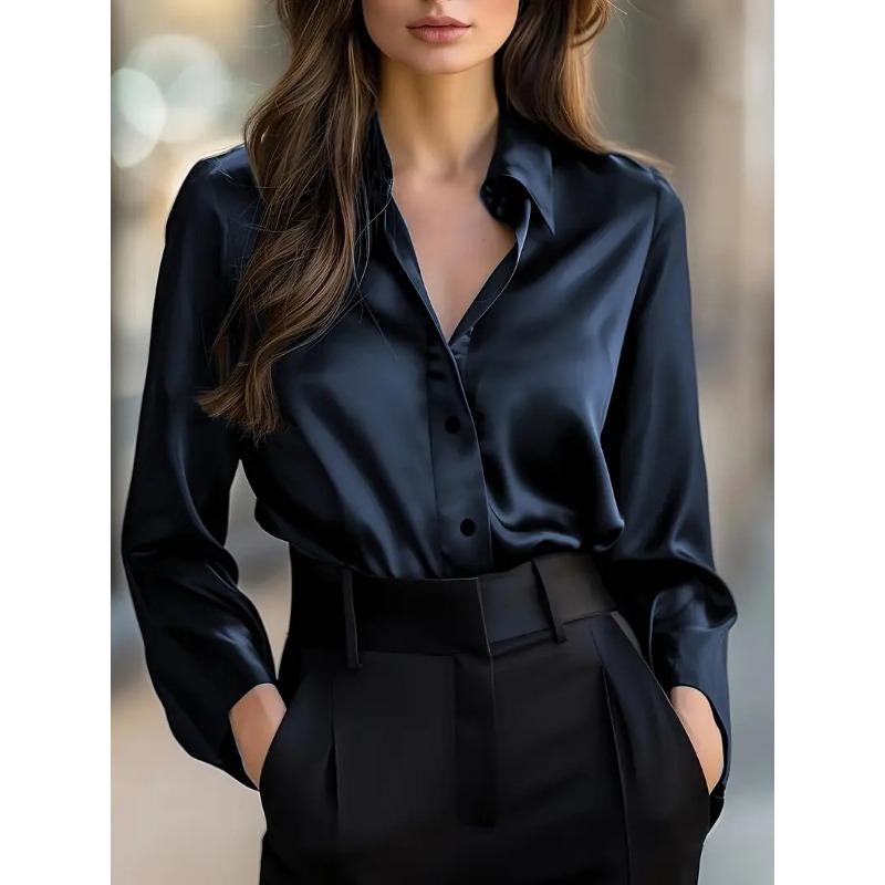 Women S Long Sleeve V Neck Button Down Solid Color Elegant Blouse
