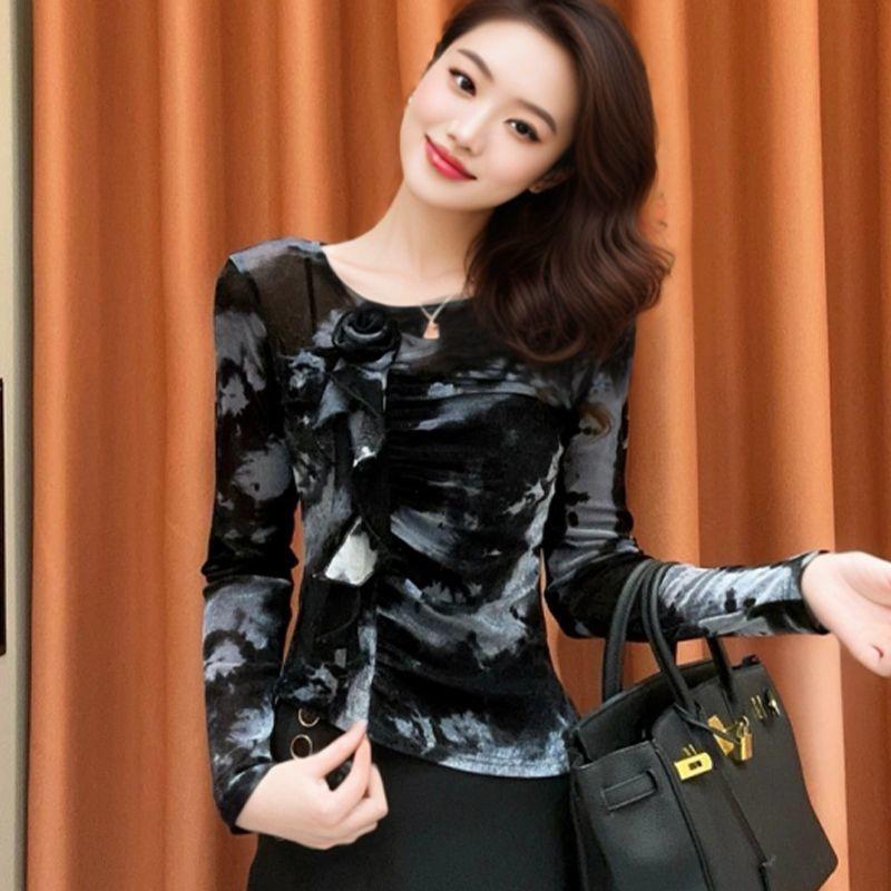 Autumn New Mesh Irregular Bottoming Shirt Long Sleeve Fashion Versatile Western Style Printed T-Shirt Tops for Women