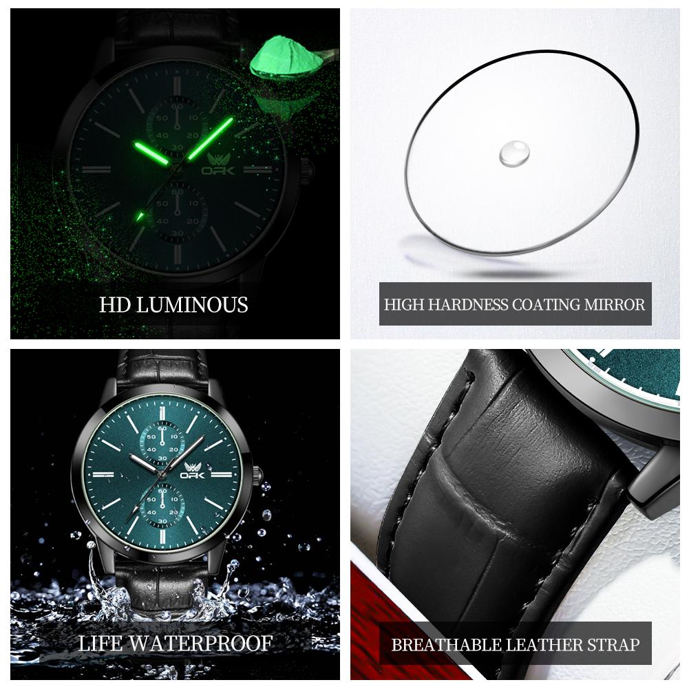 OPK 9001 Casual Sport Man Watches Luminous Leather Strap Chronograph Fashion Original Quartz Wristwatch for Man