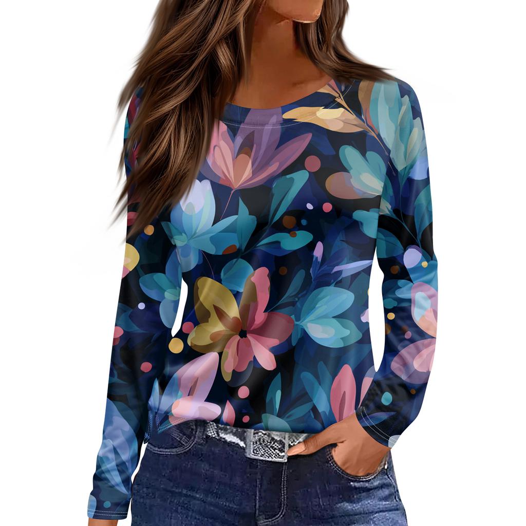 Women's Fashion Hem Slit Casual Retro Floral Print Round Neck Long Sleeve Top