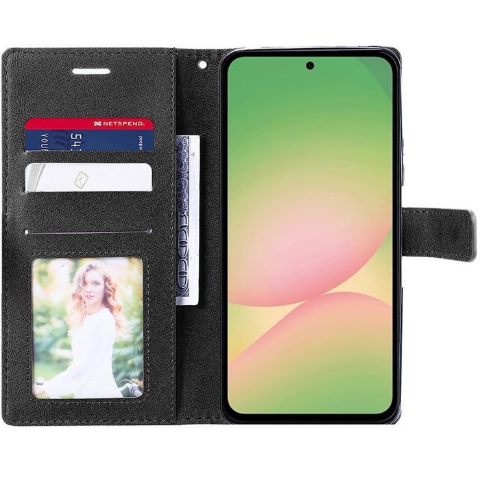 Coque pour Samsung Galaxy A56 5G - BOOLING - Cuir Synthétique Antichoc Marron/Noir - 2 Verres Trempés