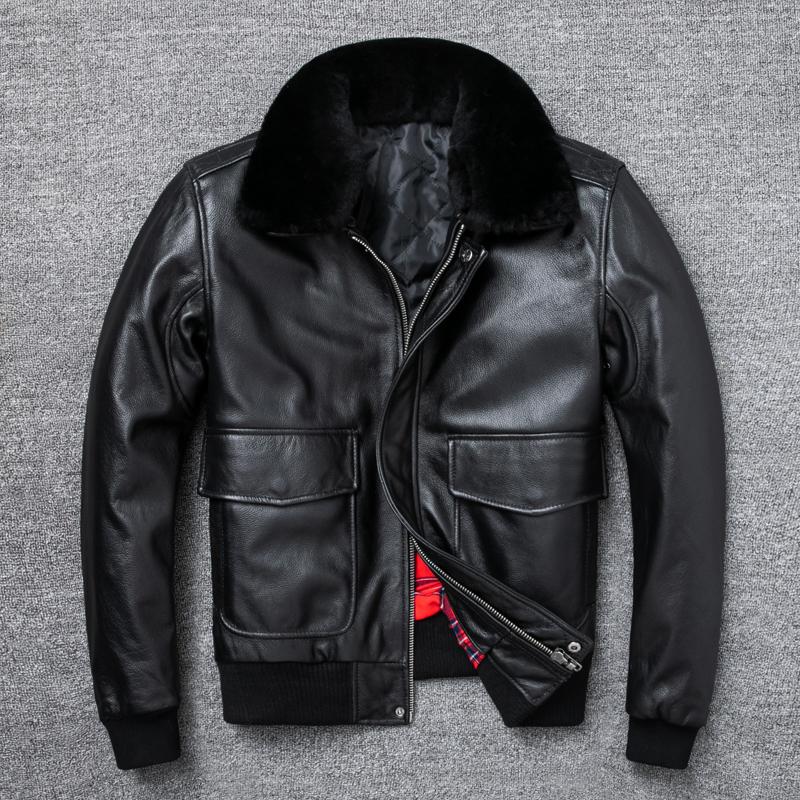 Air Force Flight Jacket Fur Collar Genuine Top Layer Cow Leather Jacket Men Black Brown Cow Coat Men's Winter Jacket