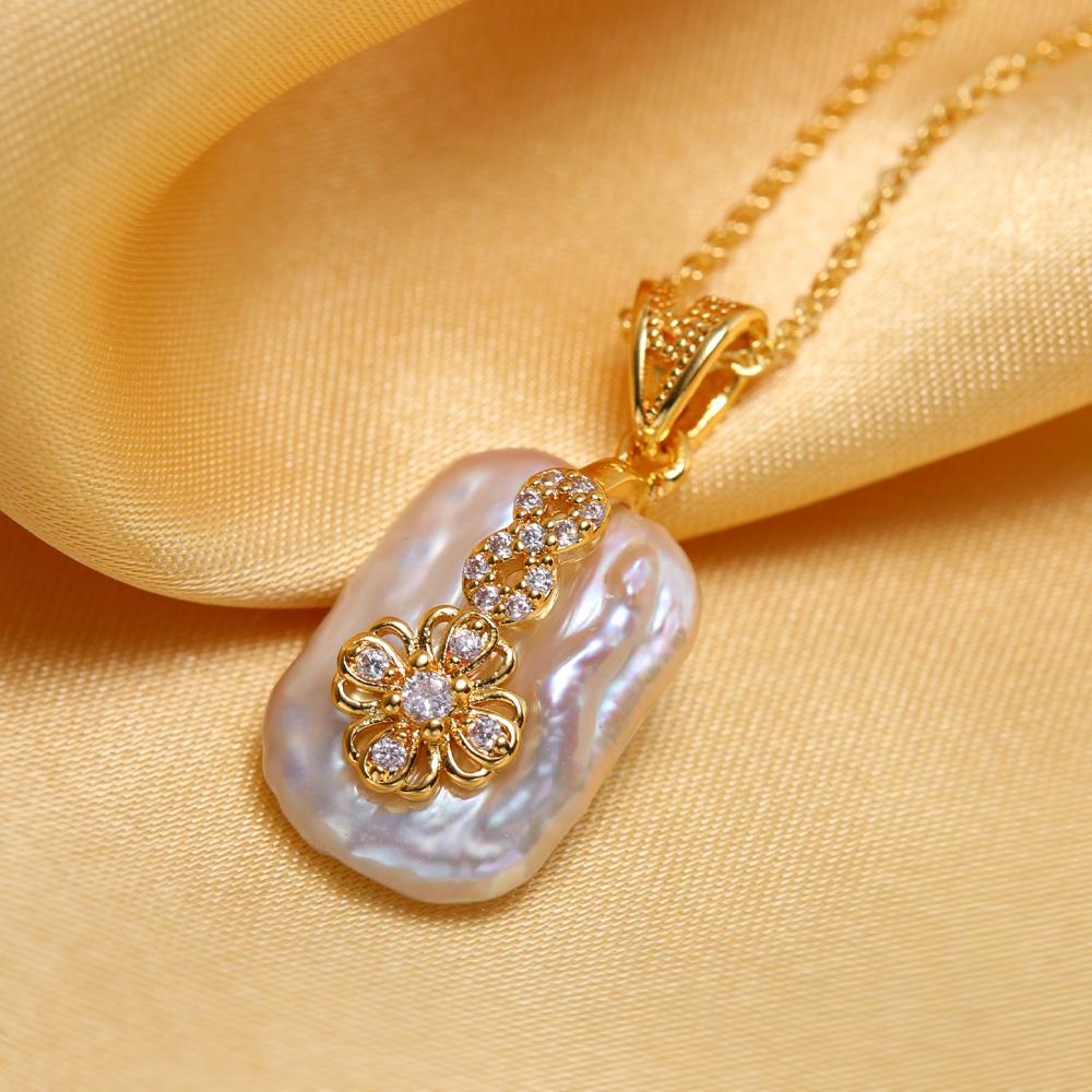 SENIKO Natural Freshwater Big Baroque Pearl Necklaces For Women Fashion Flower Cubic Zirconia Pendant With Chain Birhday Gift
