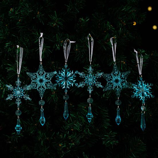 6 Pcs Acrylic Crystal Christmas Ornament Sparkling Clear Snowflake Hanging Ornaments with Drop Pendants for Xmas Tree Decoration