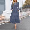 Fall Winter Women Dress Long Lantern Sleeves A-line Round Neck Big Hem Dot Applique Pleated Solid
