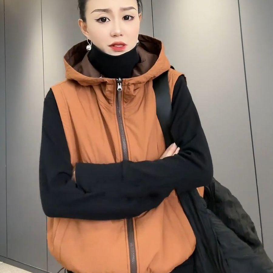 Autumn and Winter Women's Windproof Hooded Vest Solid Color Double-sided Casual Zipper Sleeveless Thick Jacket Vest