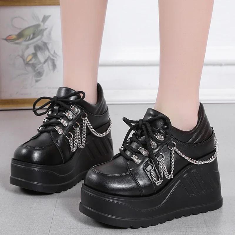 2024 New Metal Chain Punk Gothic Shoes Woman Thick Bottom High Wedge Sneakers for Women 2024 New Black Chunky Platform Shoes