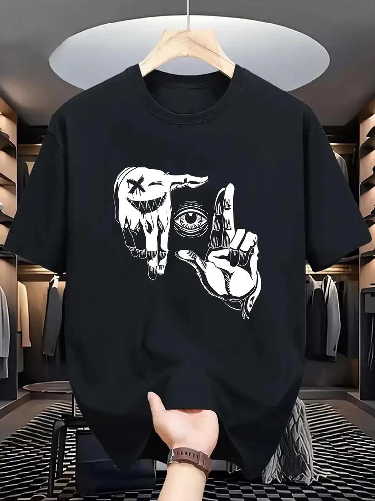 2025 Summer Men's 100_ Pure Cotton Casual Loose Plus Size Gesture Eye Personalized Pattern Printed Round Neck Short Sleeved
