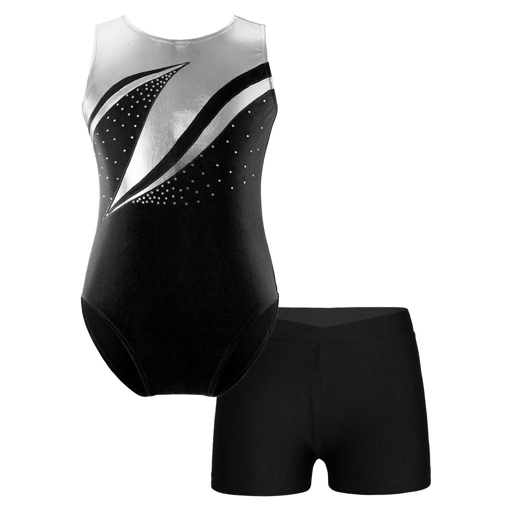 Girls Patchwork Leotard Sleeveless Round Neck Rhinestone Decorated with V Front Waistband Shorts Skating Dance Outfit