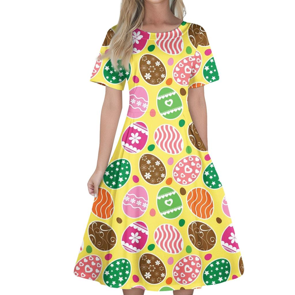 Женское повседневное модное платье с пасхальным принтом, круглое платье с коротким рукавом и талией, средней длины (с молнией)