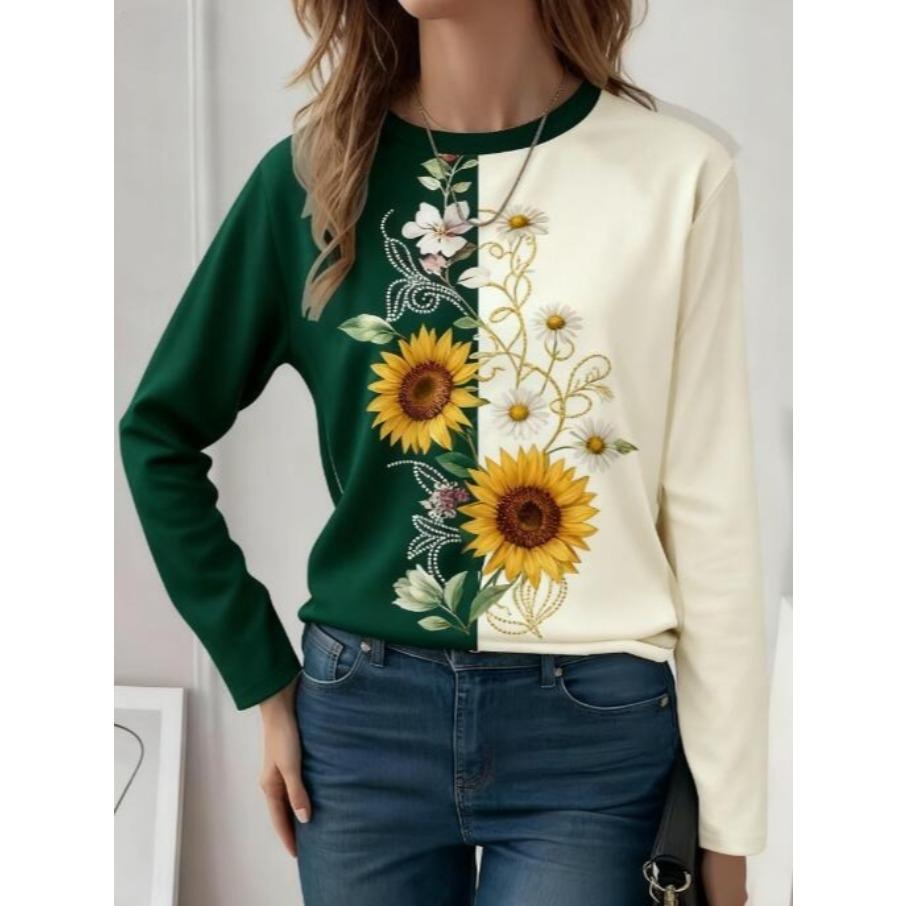 Women Fashon Polyester Comfortable T Shirts Sports Floral Contrast Color 3D Print Loose Round Neck Long Sleeve T-shirt Top