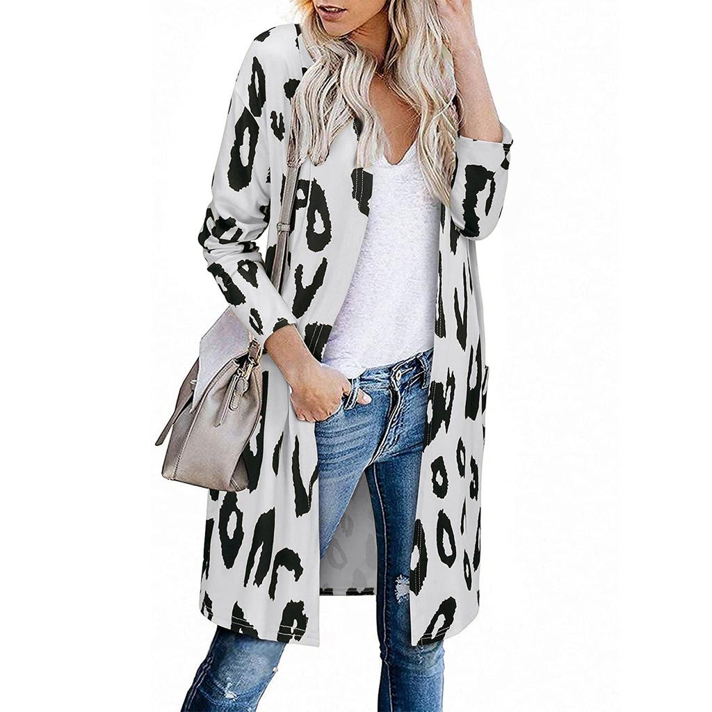 Women's Fashion Casual Printed Pocket Cardigan Medium And Long Coat