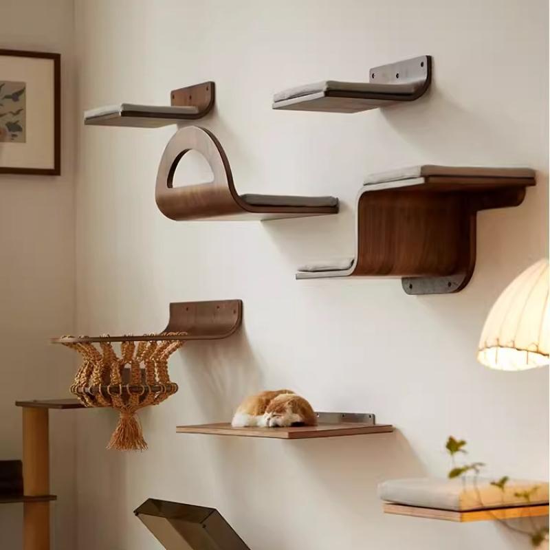 Wall Mounted Cat Ladder Solid Wood Cat Climbing Shelves Space-Saving Pet Wall Furniture with Steps Modular Cats Climbing System