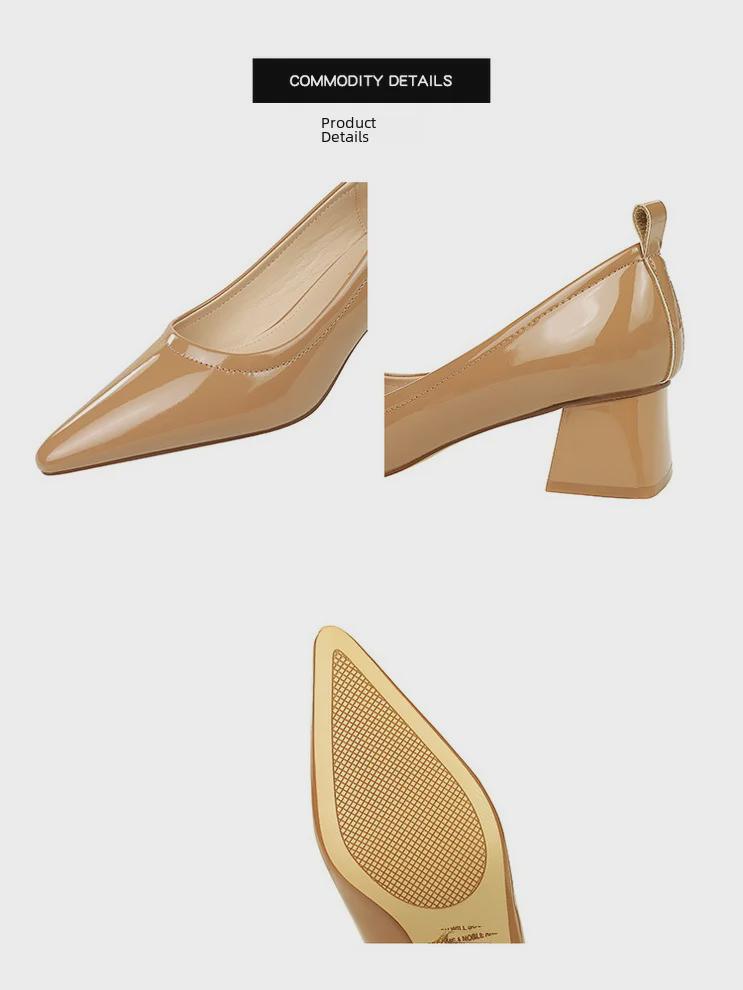 Корейские лакированные женские туфли с острым носком — модные, простые, удобные, с универсальным толстым каблуком средней высоты