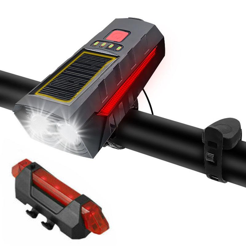 Велосипедный звуковой сигнал с двойной головкой на солнечной энергии, передние фонари, зарядка через USB, уличный велосипедный звуковой сигнал с высоким децибелом, трансграничные сигнальные огни