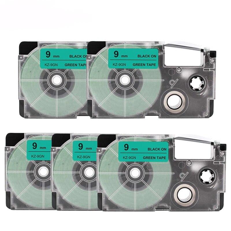 5Pcs Ribbon Cartidge Compatible for Casio Label Printer Kl120 Black On Green 9mm Label Tape XR9GN XR 9GN for KL-60SR Label Maker