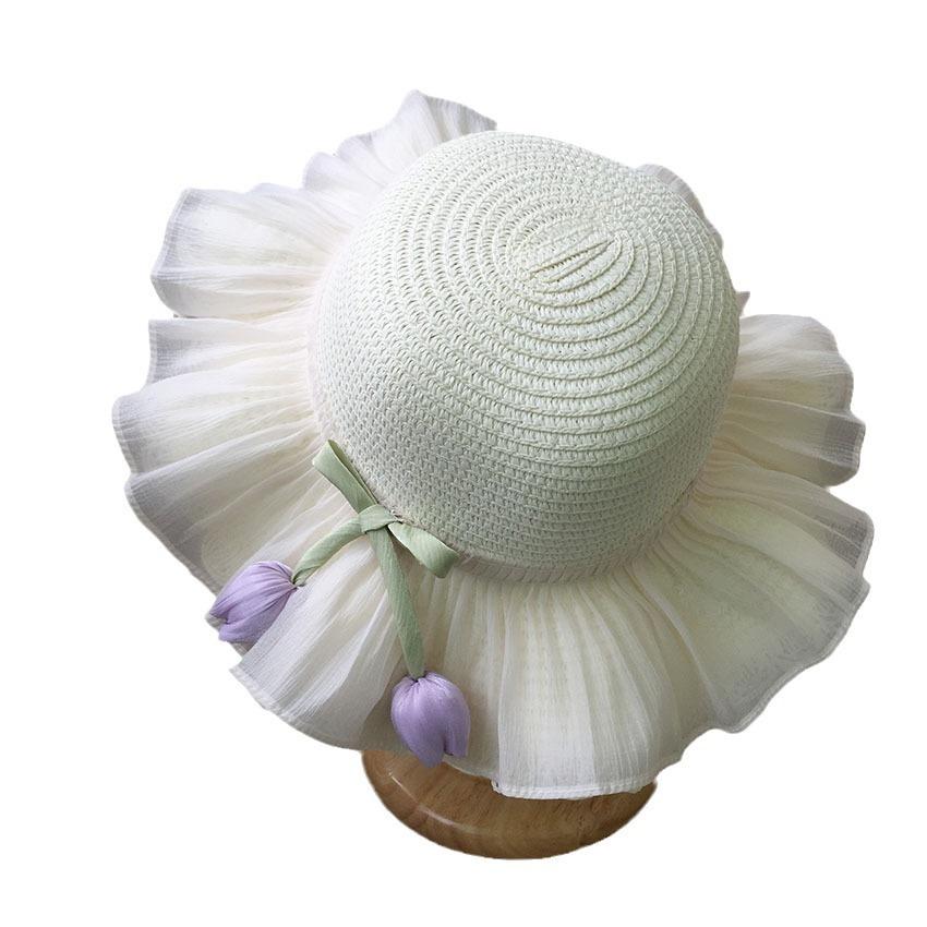 Girls Summer Straw Hat Large Brim Tulip Bucket Hat Princess Beach Sun Protection Cap For Kids Outdoor Shade