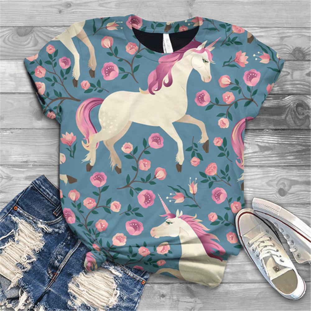 Женская футболка с коротким рукавом, летняя повседневная анимационная лошадь, цифровой 3D принт, сексуальный топ с диагональным воротником, свободный женский пуловер