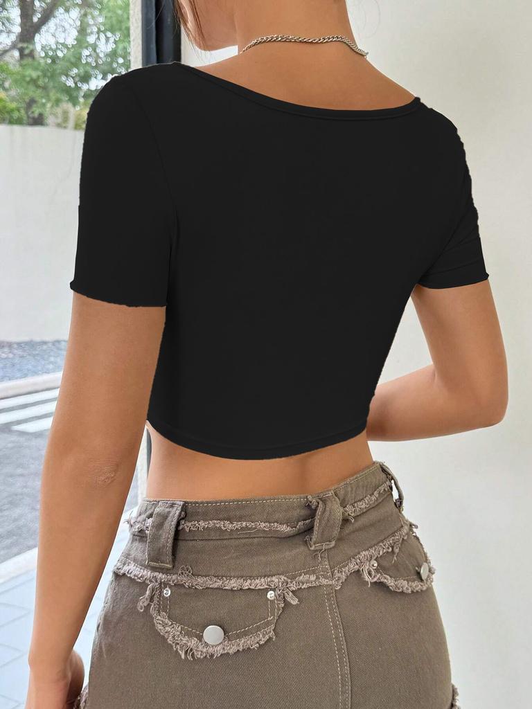 2026 Elegant Woman Sexy Hottie Design Chest Twist Ruffle Deep Solid Color V-Neck Short Top