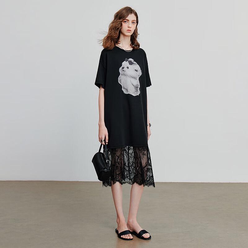 Chuyu Loose-Fit Dog Print T-Shirt Dress with Lace