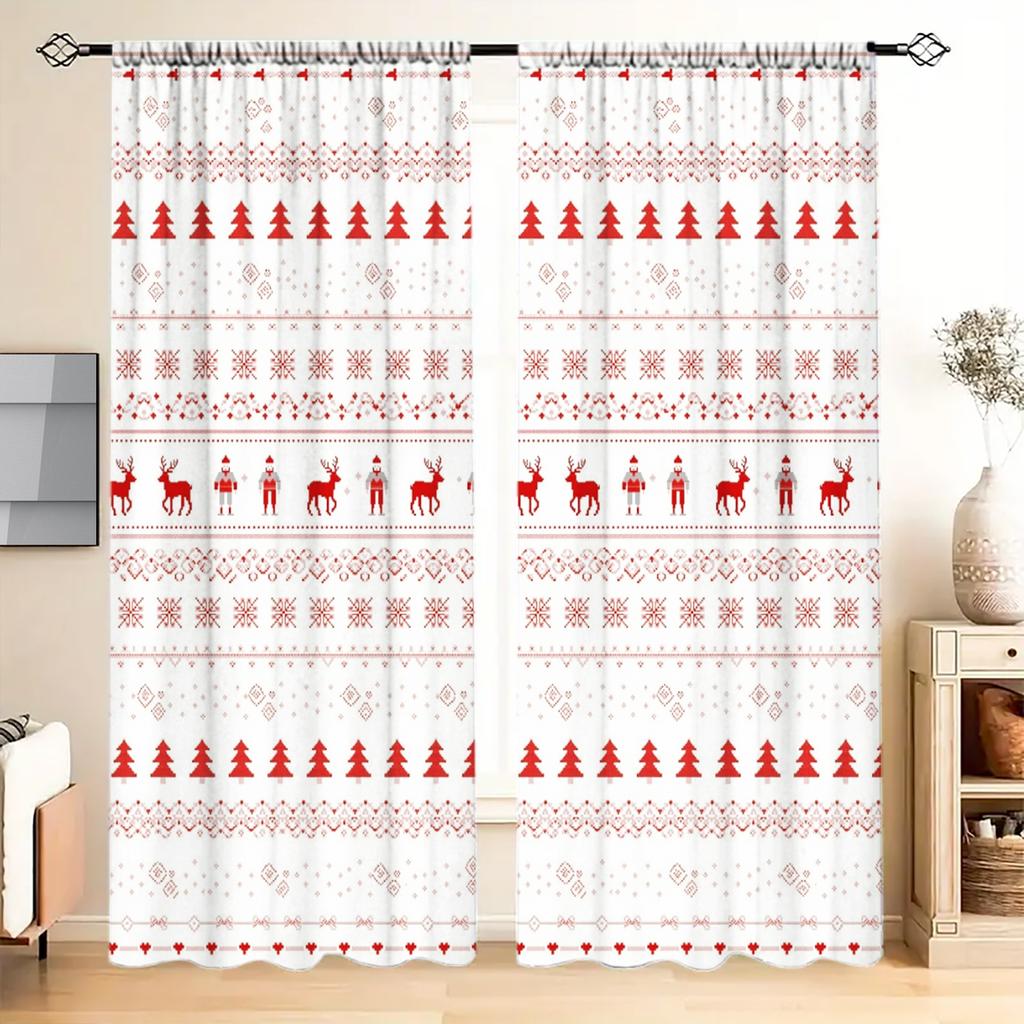 2pcs Christmas Deer Forest Pattern Printed Curtain for Home Decor - Rod Pocket Window Treatment for Bedroom Office Kitchen