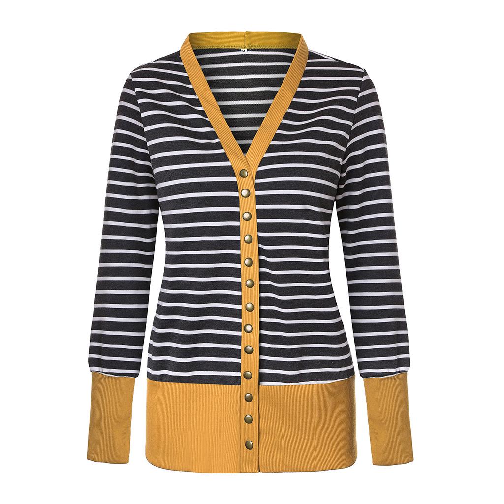 Women's Long Sleeve Ribbed Neckline Open Front Stripe Snap Button Down Knit Cardigans Sweater Coats