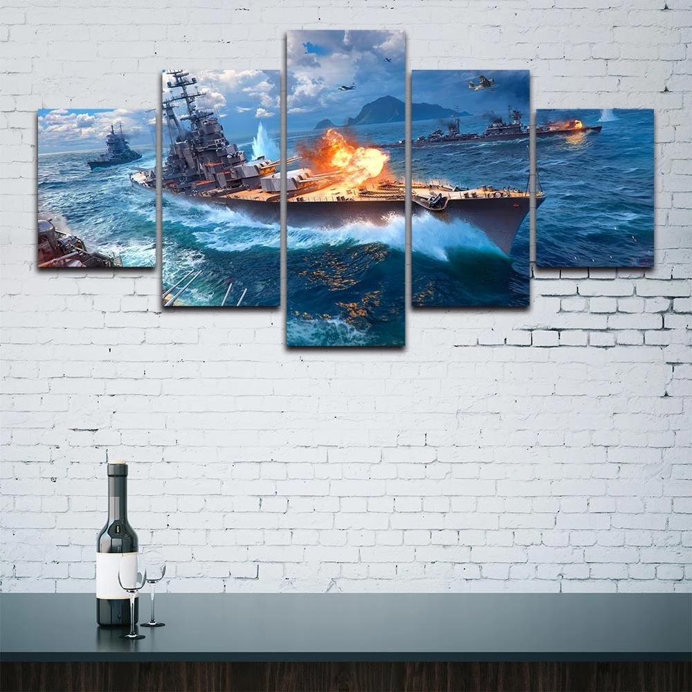 Печать HD Картины с видом на море Модульная 5 шт. Постер World of Warships Холст Картина Гостиная Домашний Декор Без Рамы Настенное Искусство