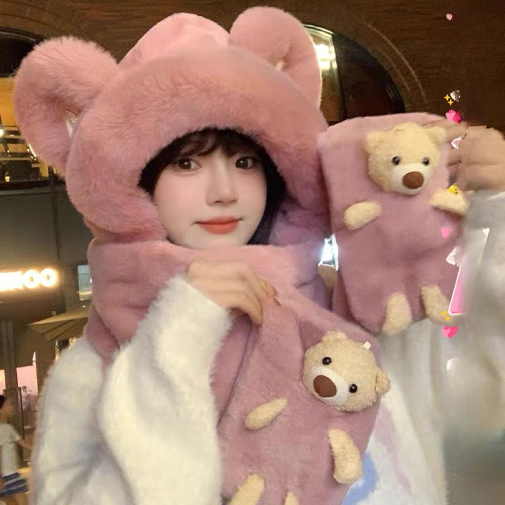 Шапка-медведь Зима Осень Зима Милые перчатки Шарф Плюшевый теплый комплект из трех предметов Нагрудник с капюшоном Защита ушей