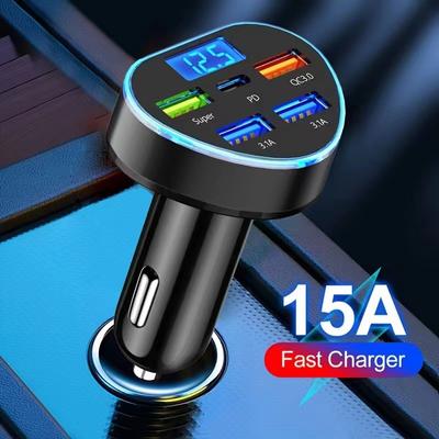 Автомобильное зарядное устройство PD 66 Вт QC3.0, быстрая зарядка от прикуривателя, 5 портов, зарядное устройство с функцией быстрой зарядки и цифровым дисплеем