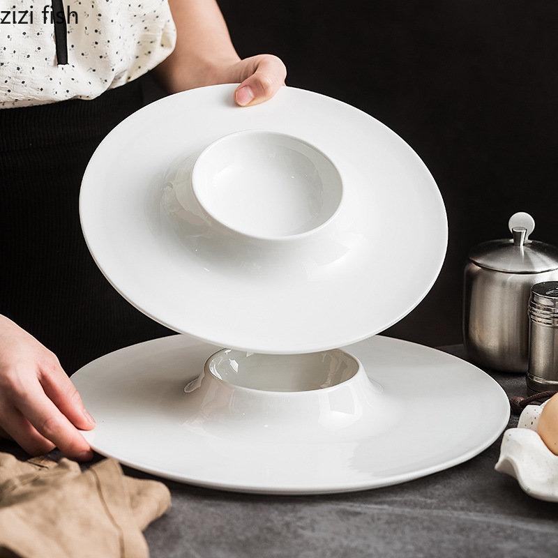 Керамическая обеденная тарелка для ресторана, чисто белая десертная тарелка, толстая суповая тарелка, тарелки для пасты, тарелки для закусок, бытовая круглая посуда
