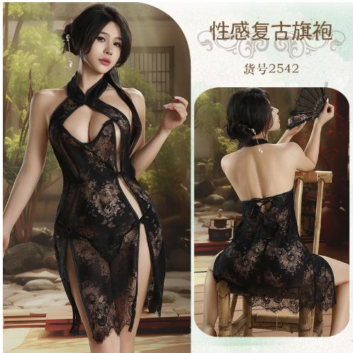 Sex lingerie sexy hollow split cheongsam lace perspective uniform seduction cosplay nightdress